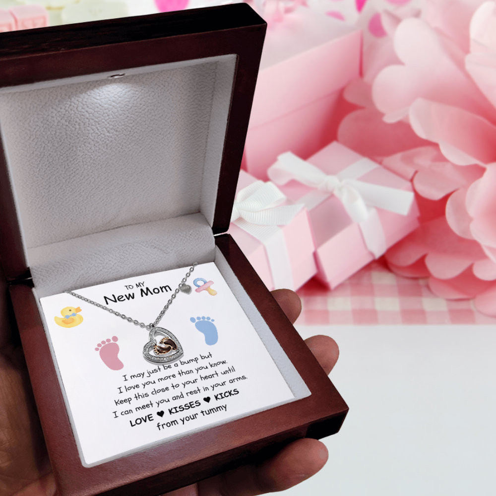 "New Mom" | Love, Kisses & Kicks| Baby Feet Heart-shaped Necklace Gift for Pregnant Mothers