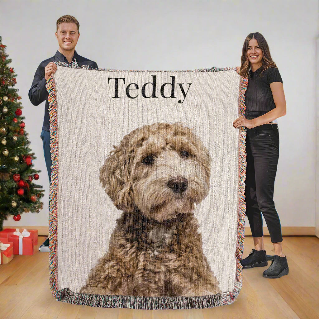 Personalized Pet Photo Woven Blanket – Custom Dog or Cat Heirloom Throw, Made in USA