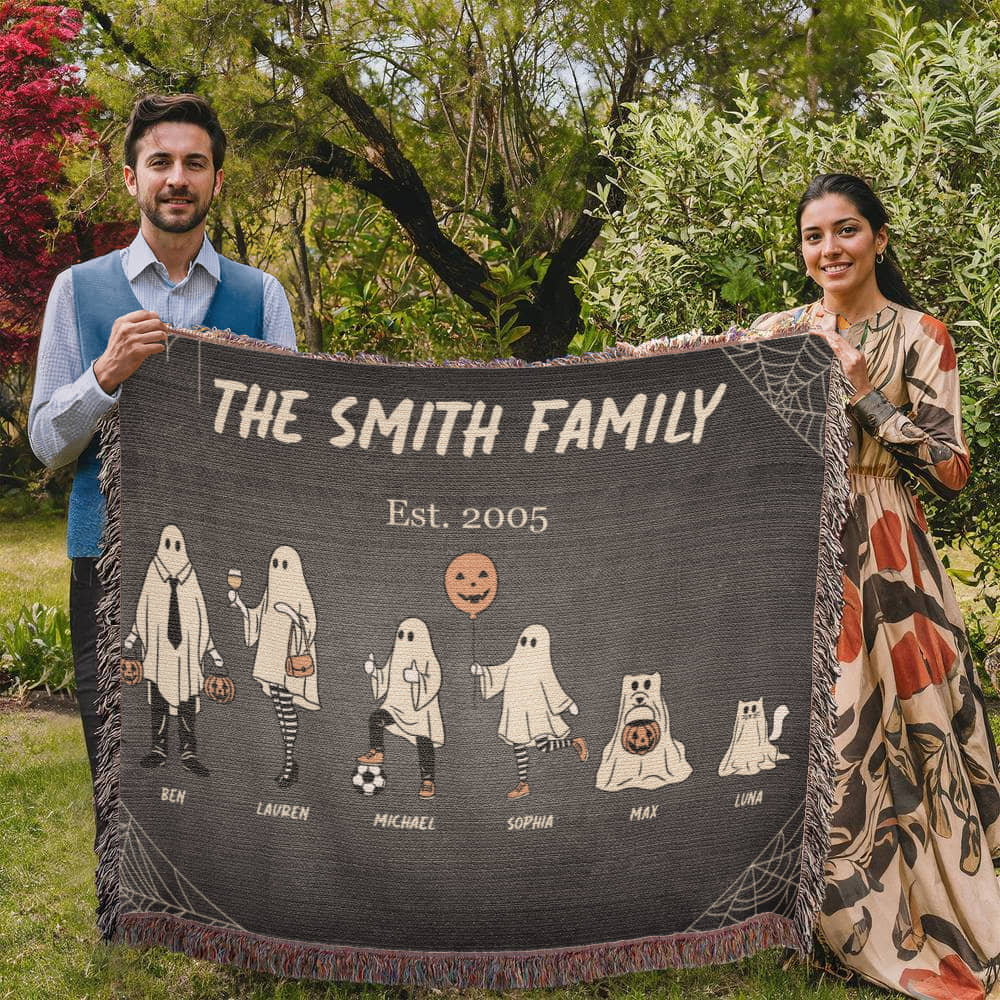 Personalized Halloween Ghost Family Blanket β Up to 10 Total Characters Including Pets