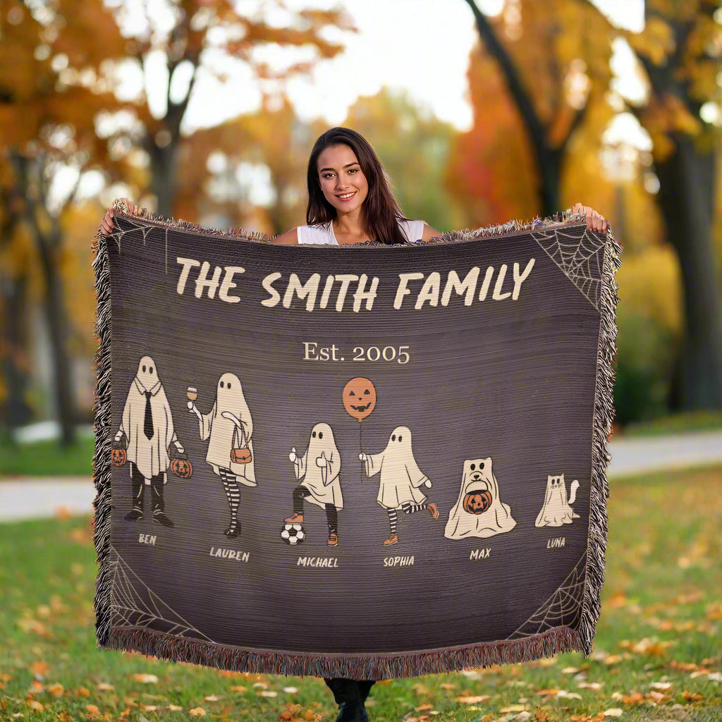 Personalized Halloween Ghost Family Blanket β Up to 10 Total Characters Including Pets