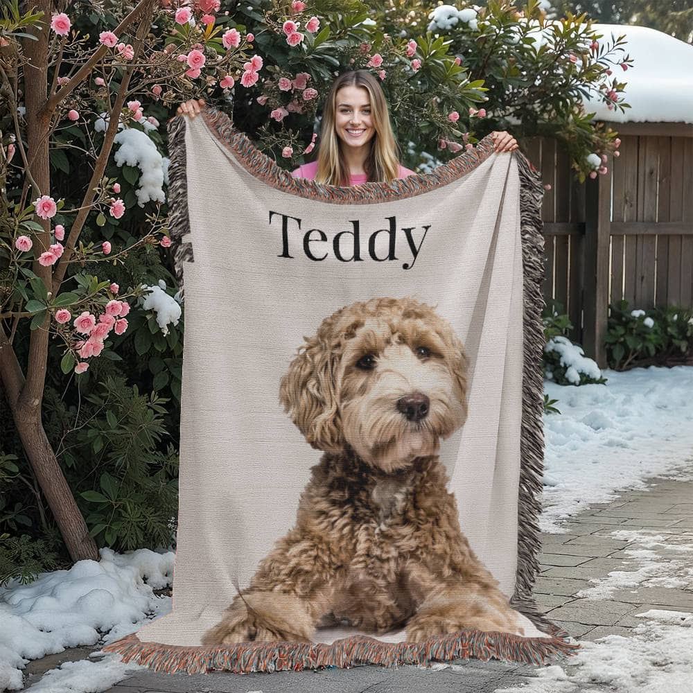 Personalized Pet Photo Woven Blanket – Custom Dog or Cat Heirloom Throw, Made in USA