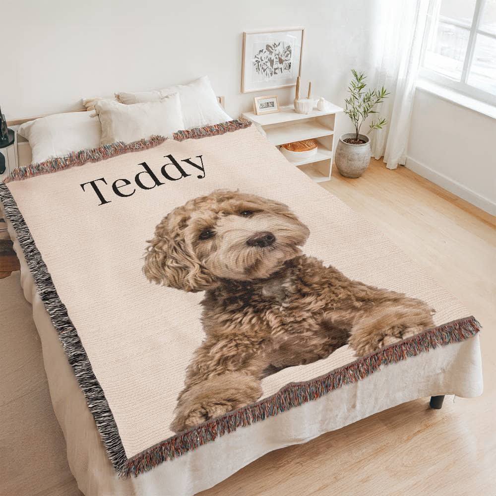 Personalized Pet Photo Woven Blanket – Custom Dog or Cat Heirloom Throw, Made in USA