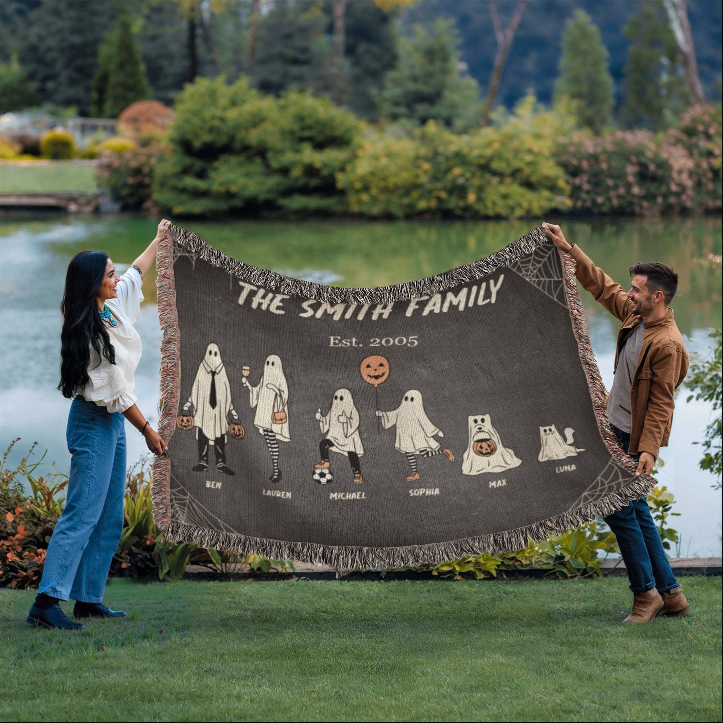 Personalized Halloween Ghost Family Blanket β Up to 10 Total Characters Including Pets