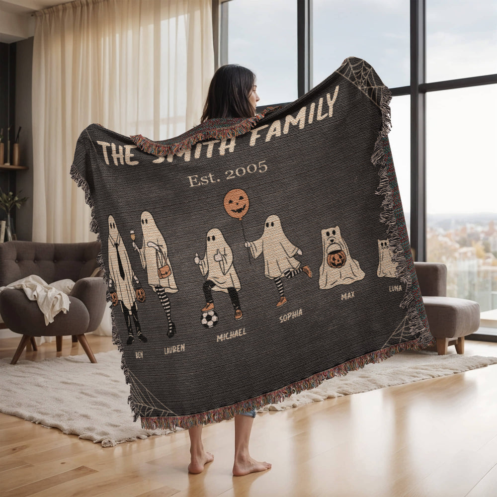 Personalized Halloween Ghost Family Blanket β Up to 10 Total Characters Including Pets