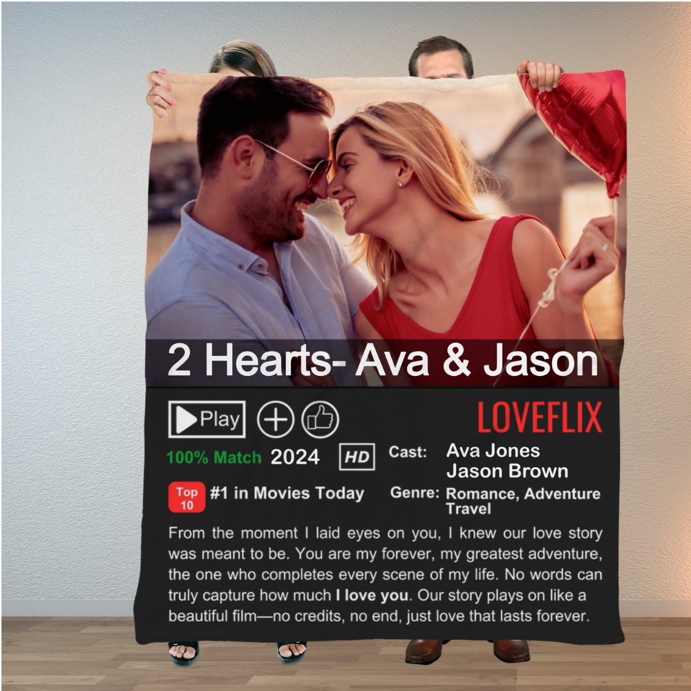 Couple's Custom "Loveflix" Photo Movie Poster Fleece Blanket – 50×60