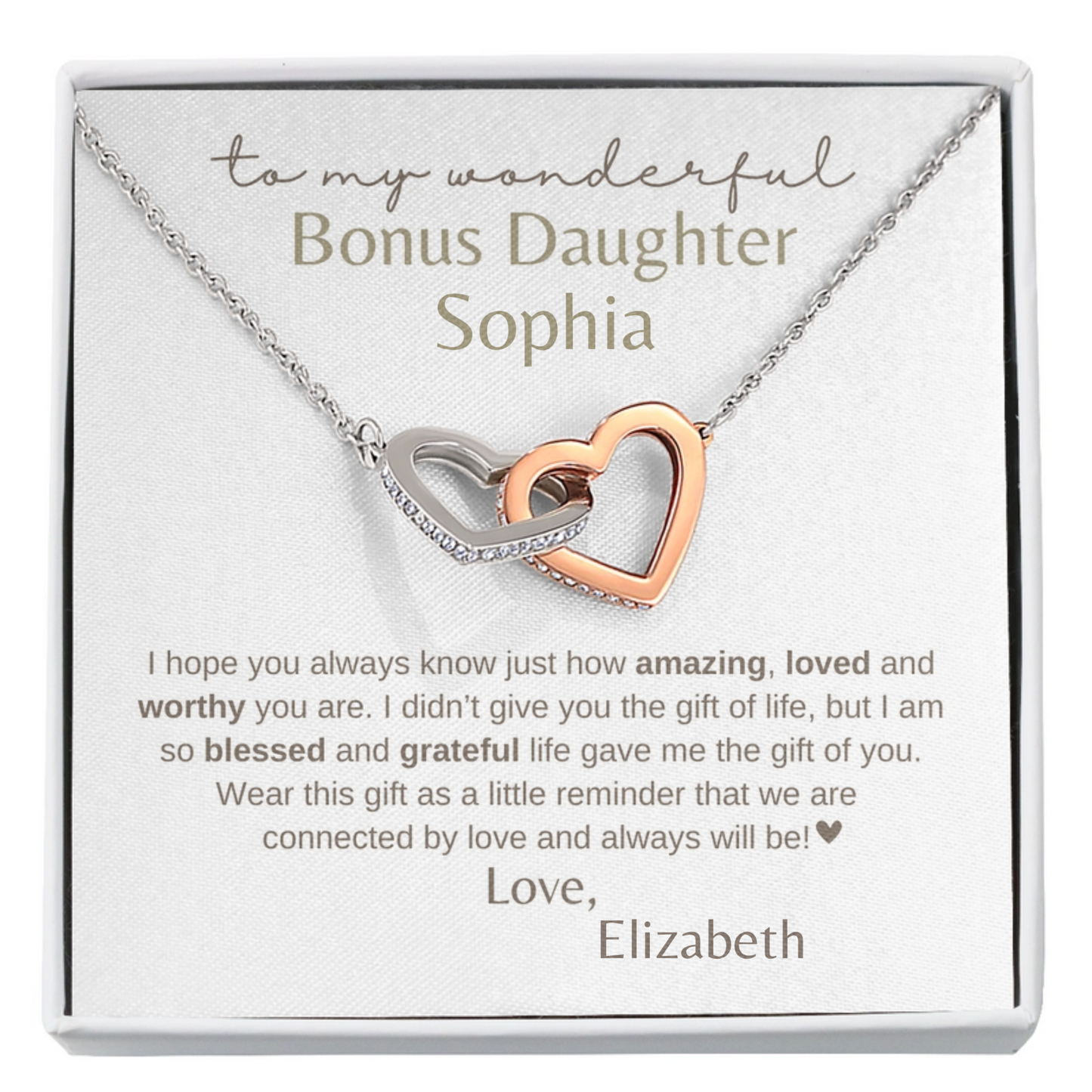 Bonus Daughter- Daughter of My Heart Personalized Interlocking Hearts Necklace Gift- FREE SHIPPING