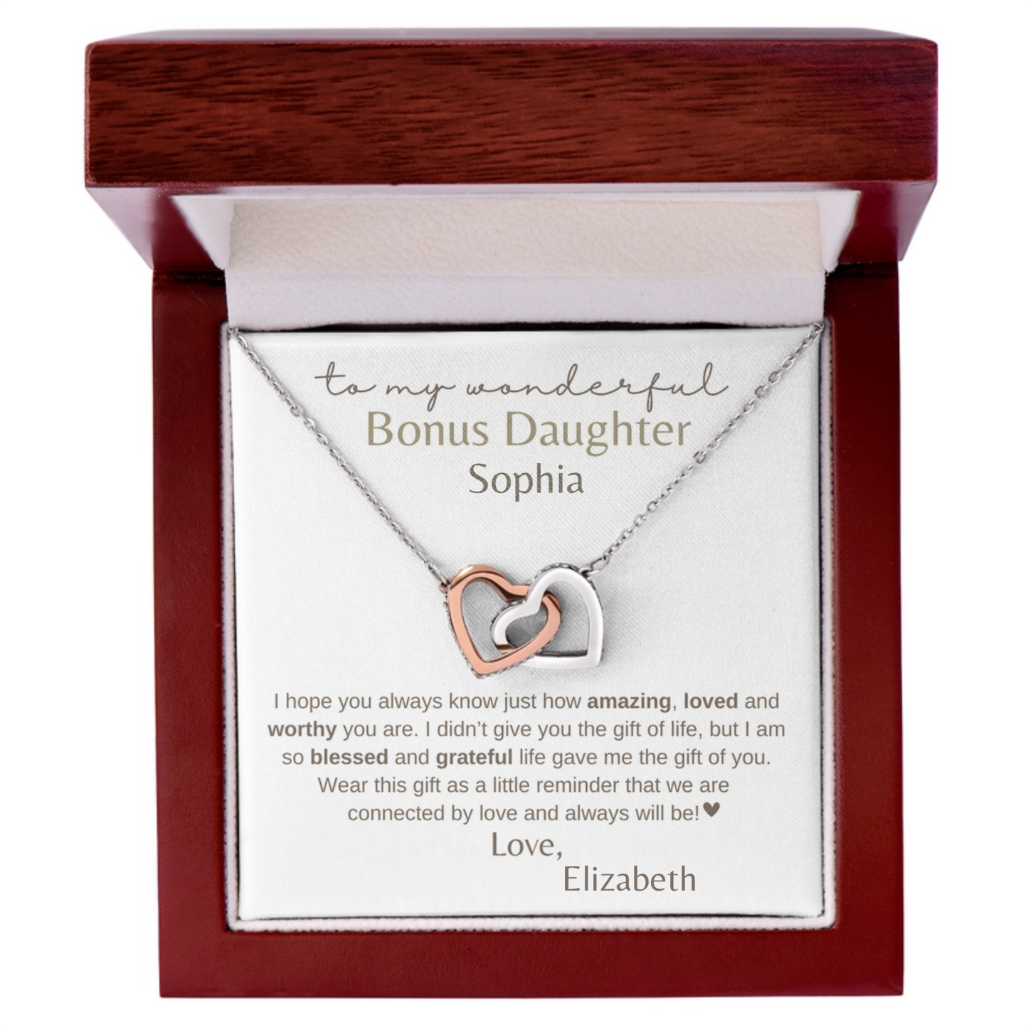 Bonus Daughter- Daughter of My Heart Personalized Interlocking Hearts Necklace Gift- FREE SHIPPING