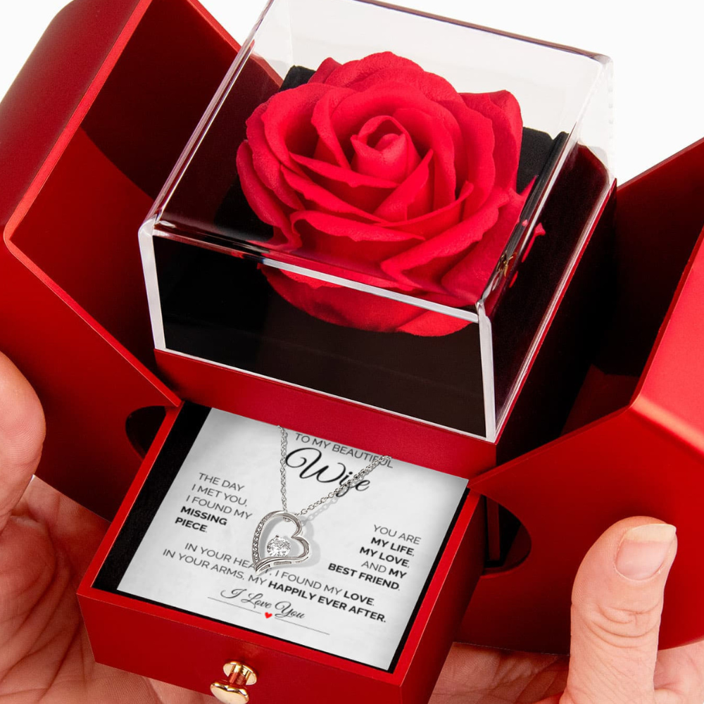 To My Beautiful Wife – Heart Necklace with Luxury Rose Box gift set
