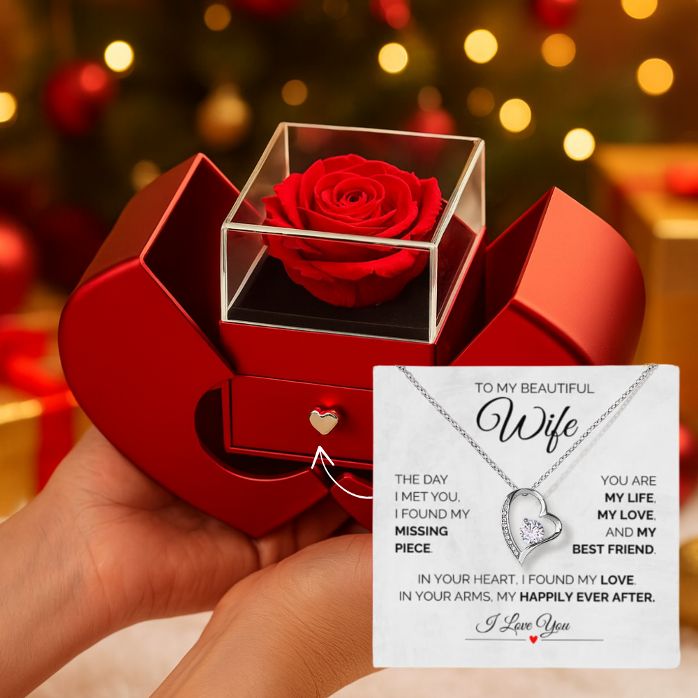To My Beautiful Wife – Heart Necklace with Luxury Rose Box gift set