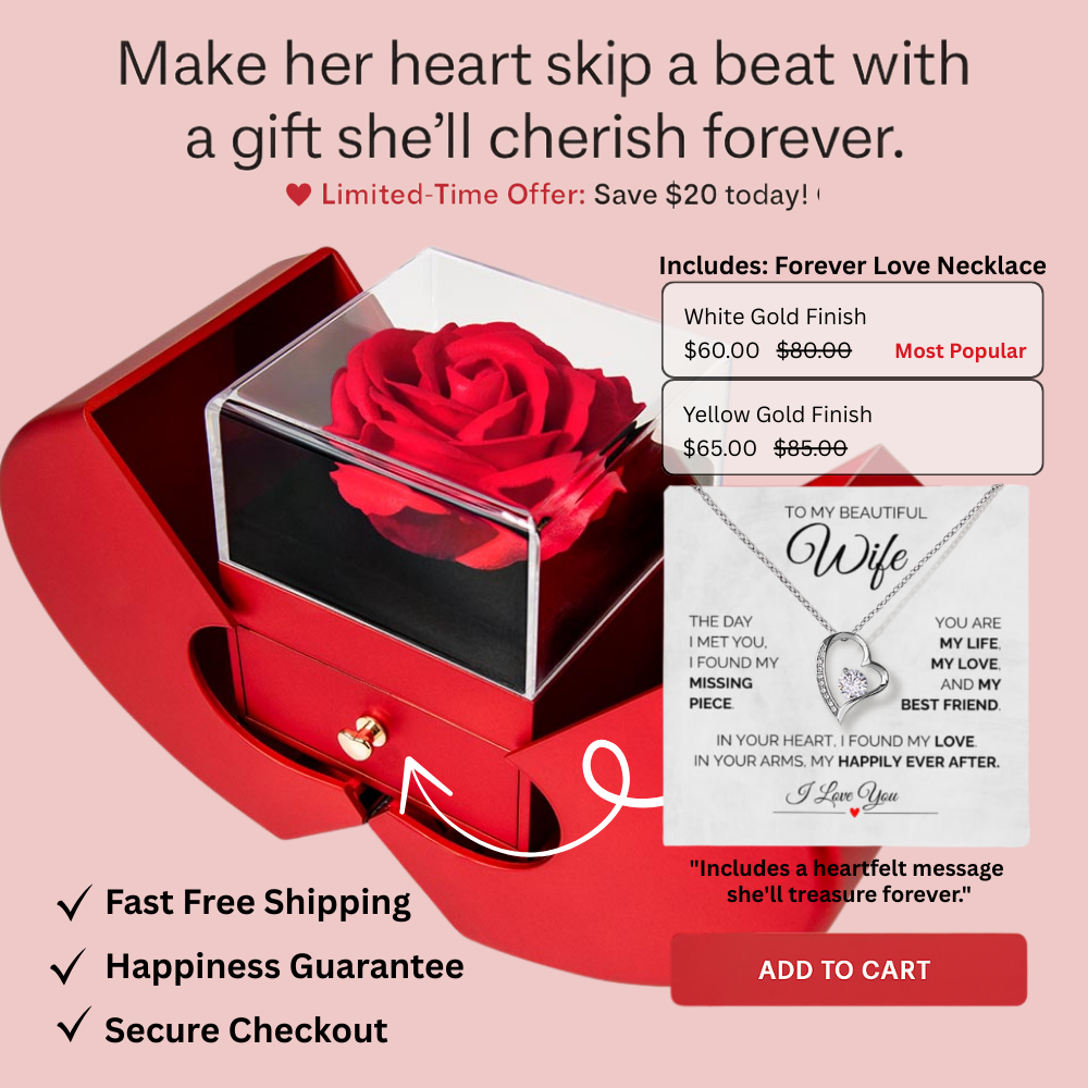 To My Beautiful Wife – Heart Necklace with Luxury Rose Box gift set