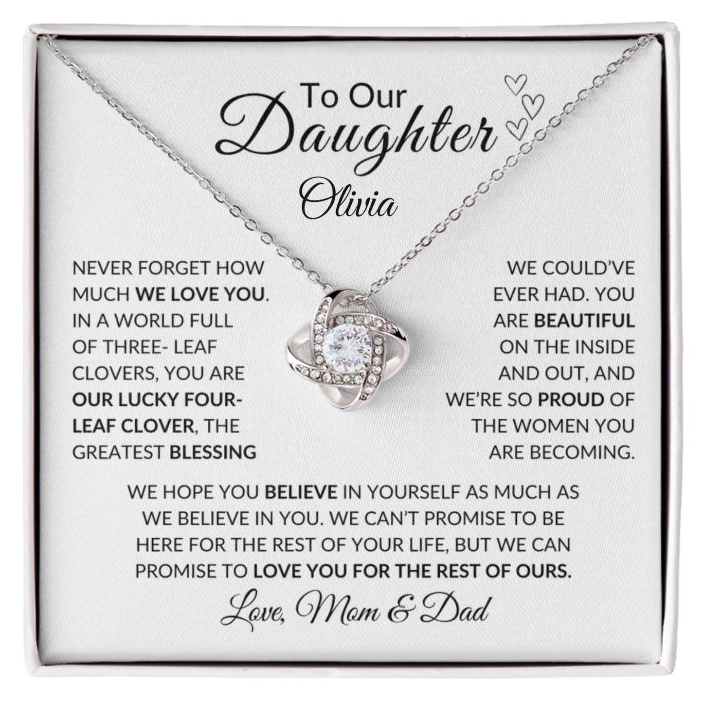 Daughter- Persalized "My Lucky Four- Leaf Clover" Love Knot Necklace