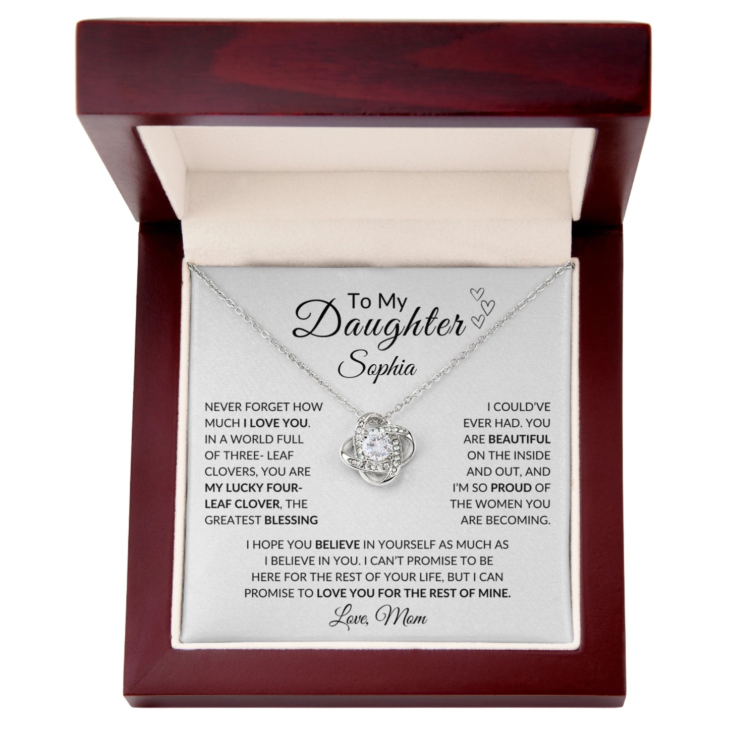 Daughter- Persalized "My Lucky Four- Leaf Clover" Love Knot Necklace