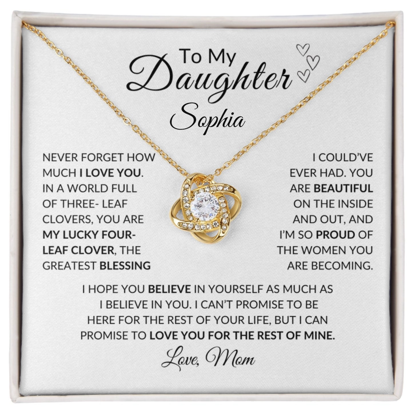 Daughter- Persalized "My Lucky Four- Leaf Clover" Love Knot Necklace
