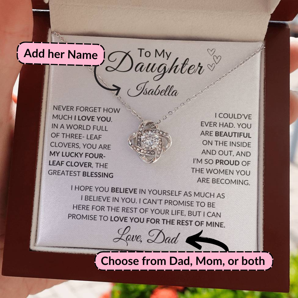 Daughter- Persalized "My Lucky Four- Leaf Clover" Love Knot Necklace