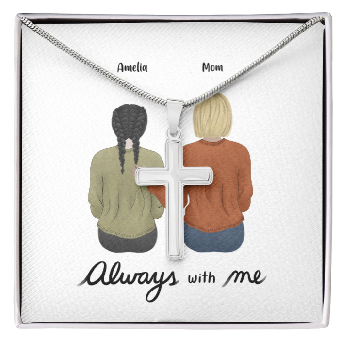 Personalized Daughter, Mom or Dad Gift-Always With Me- Stainless Cross necklace