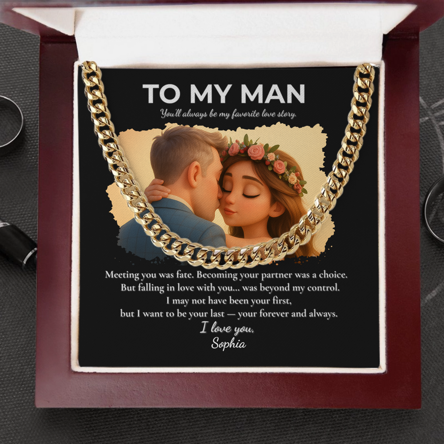 Custom Cartoon Couple Necklace Gift – To My Man Cuban Link Chain with Message Card in Luxury Box