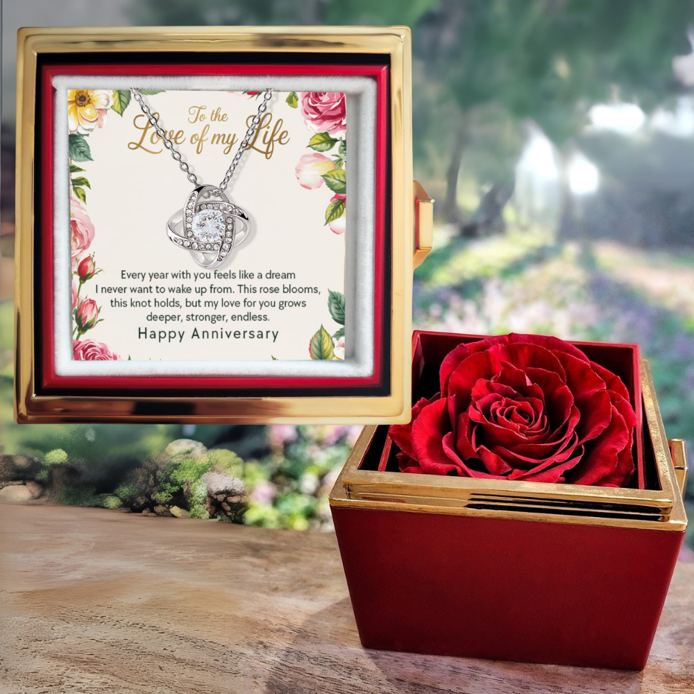 Love of My Life Love Knot Necklace with Eternal Rose Luxury Gift Box-Happy Anniversary