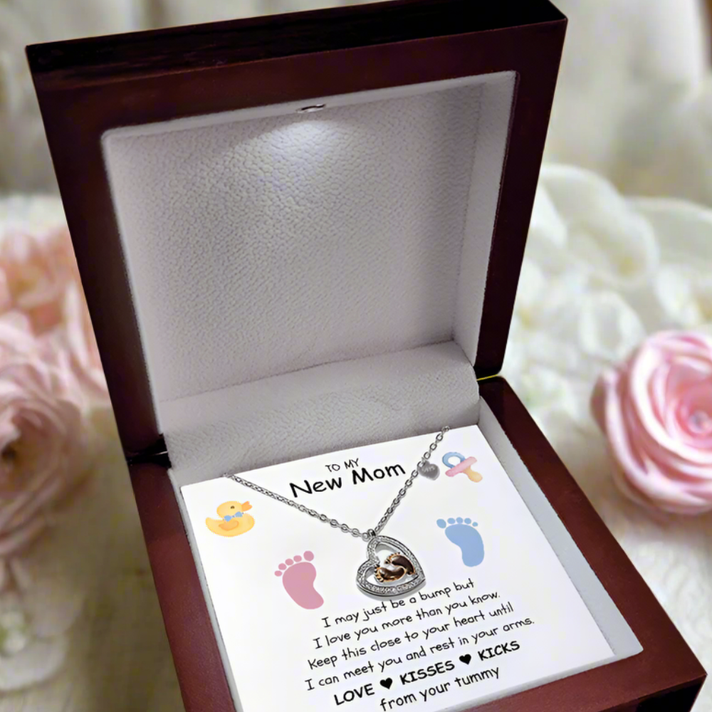 "New Mom" | Love, Kisses & Kicks| Baby Feet Heart-shaped Necklace Gift for Pregnant Mothers