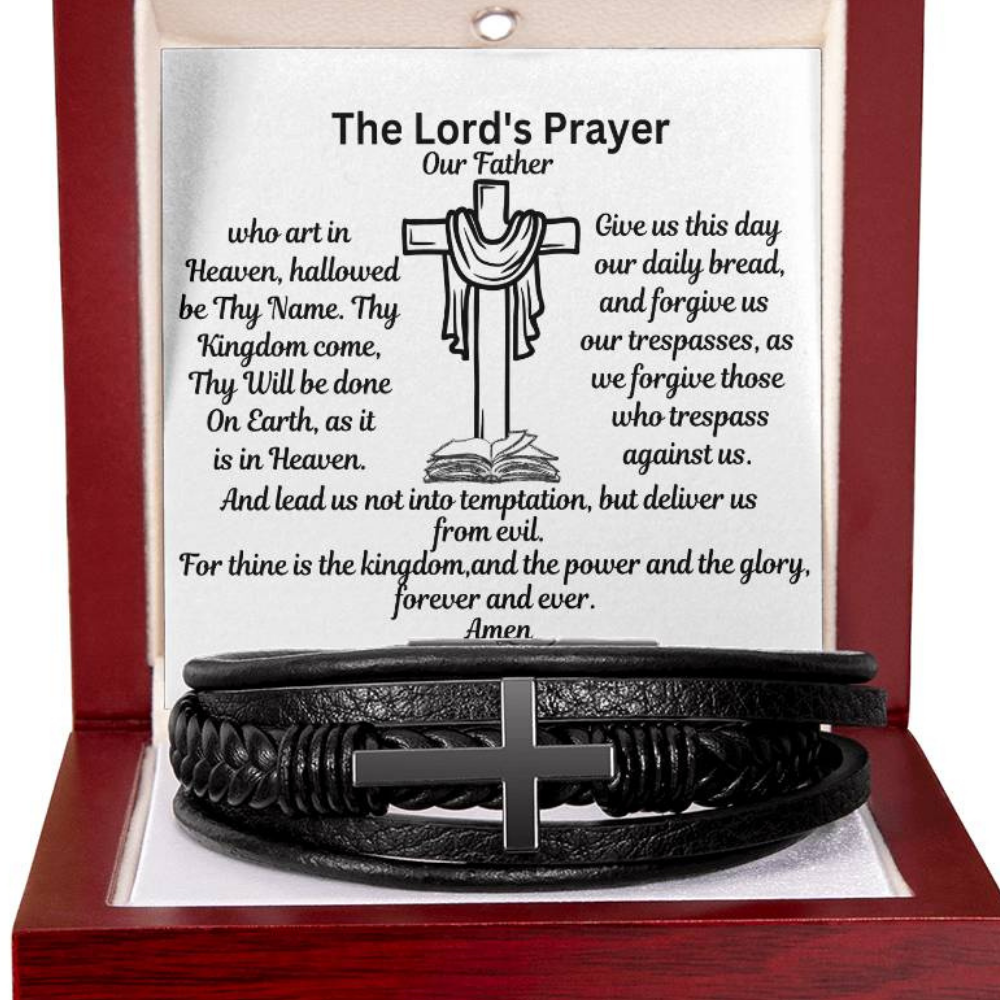 Men's Leather Cross Bracelet-The Lords Prayer-Religious Cross-With Message Card