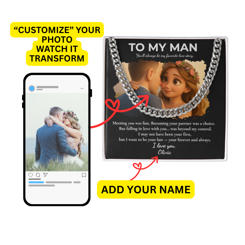 Custom Cartoon Couple Necklace Gift – To My Man Cuban Link Chain with Message Card in Luxury Box