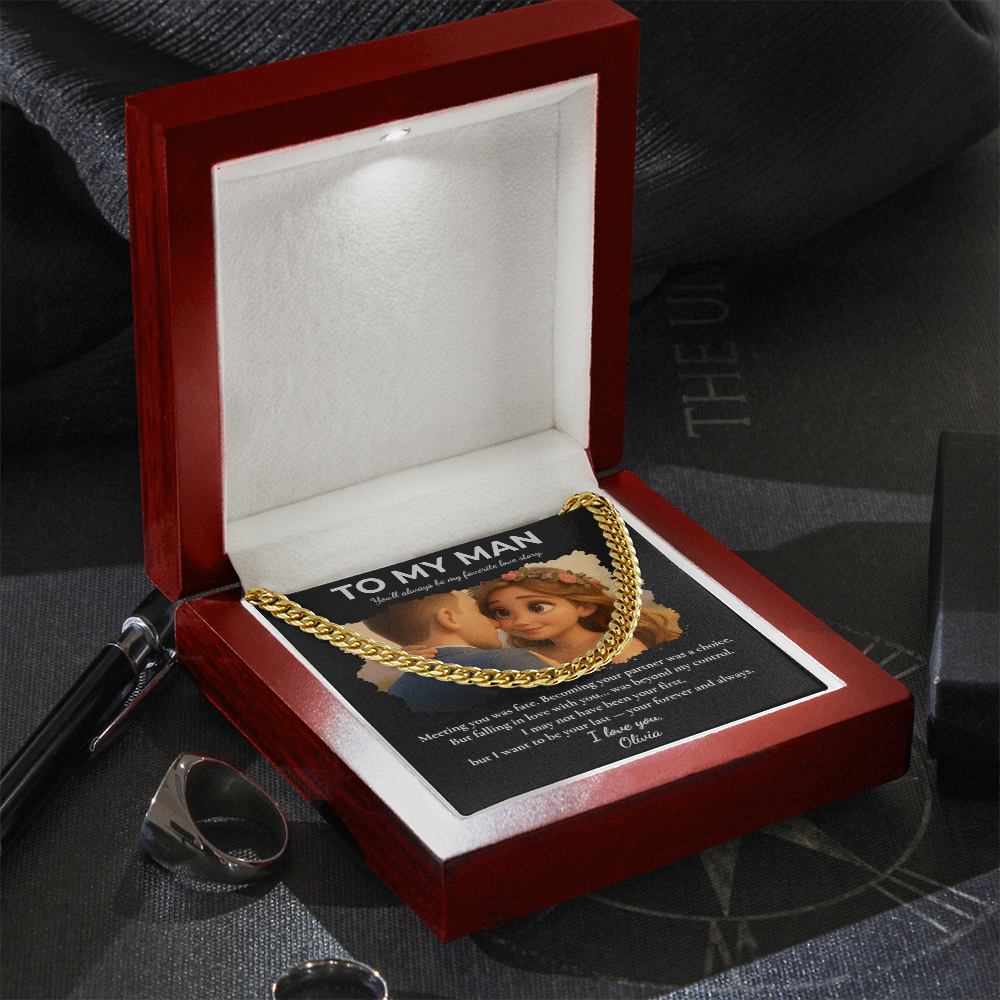 Custom Cartoon Couple Necklace Gift – To My Man Cuban Link Chain with Message Card in Luxury Box