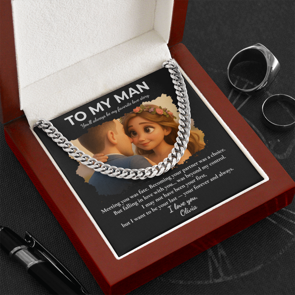 Custom Cartoon Couple Necklace Gift – To My Man Cuban Link Chain with Message Card in Luxury Box