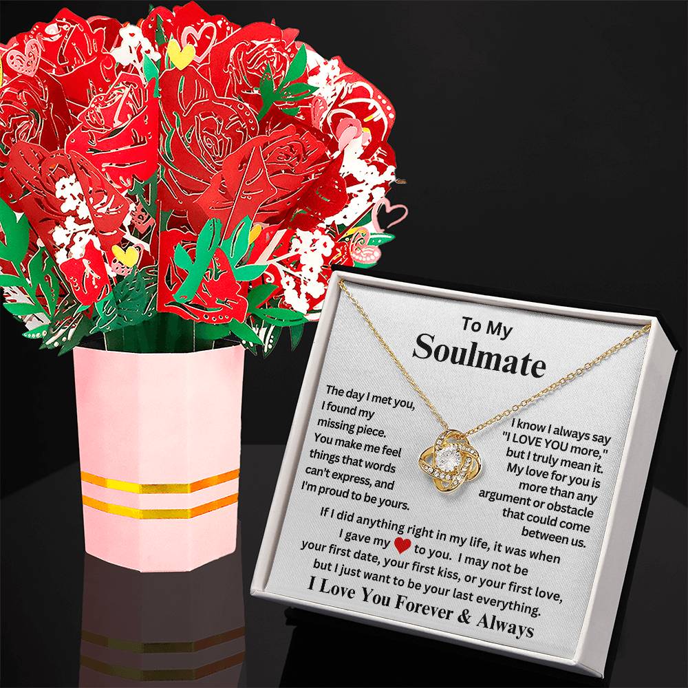 To My Soulmate -Gave My Heart To You- Love Knot Necklace and Sweetest Devotion Bouquet Gift Set
