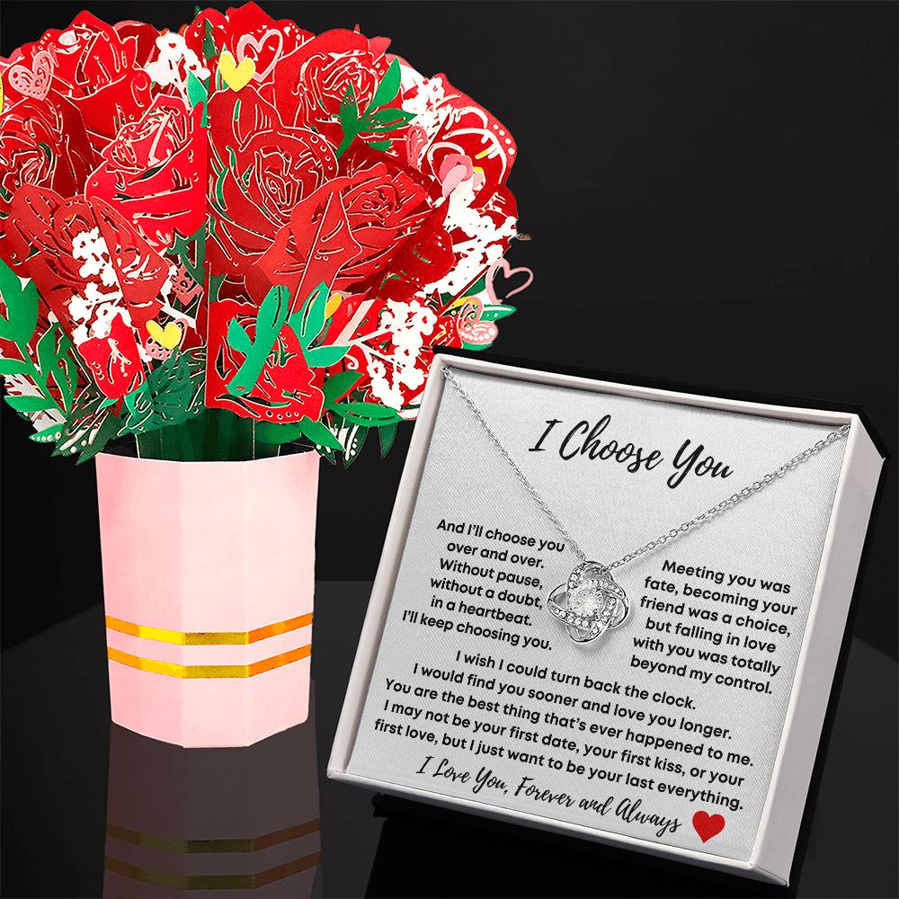 Gift for Her-I Choose You-Love Knot Necklace and Sweetest Devotion Bouquet Gift Set