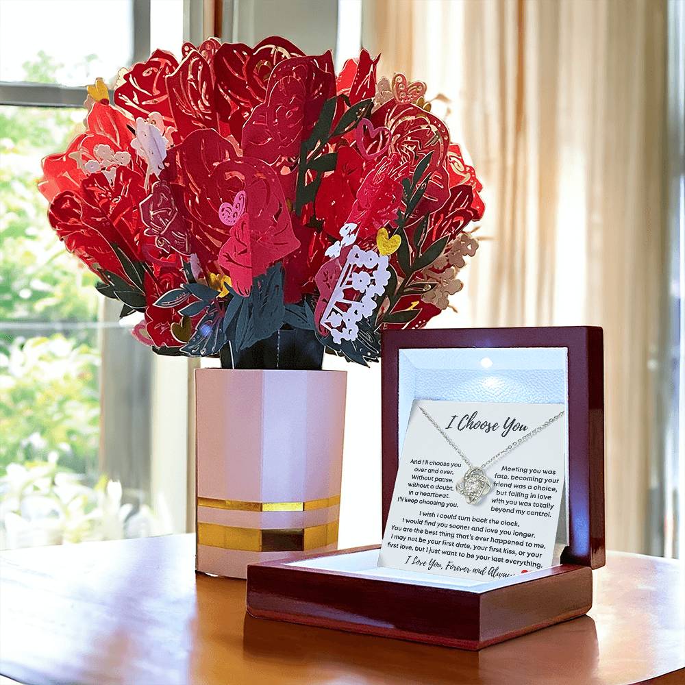 Gift for Her-I Choose You-Love Knot Necklace and Sweetest Devotion Bouquet Gift Set