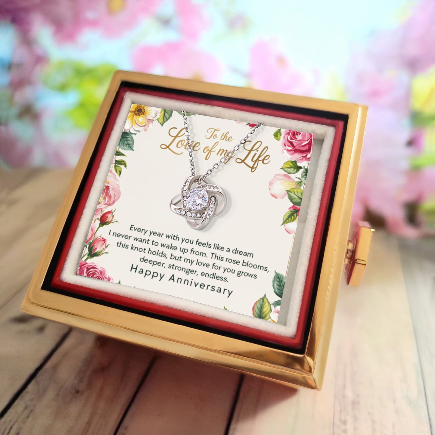 Love of My Life Love Knot Necklace with Eternal Rose Luxury Gift Box-Happy Anniversary