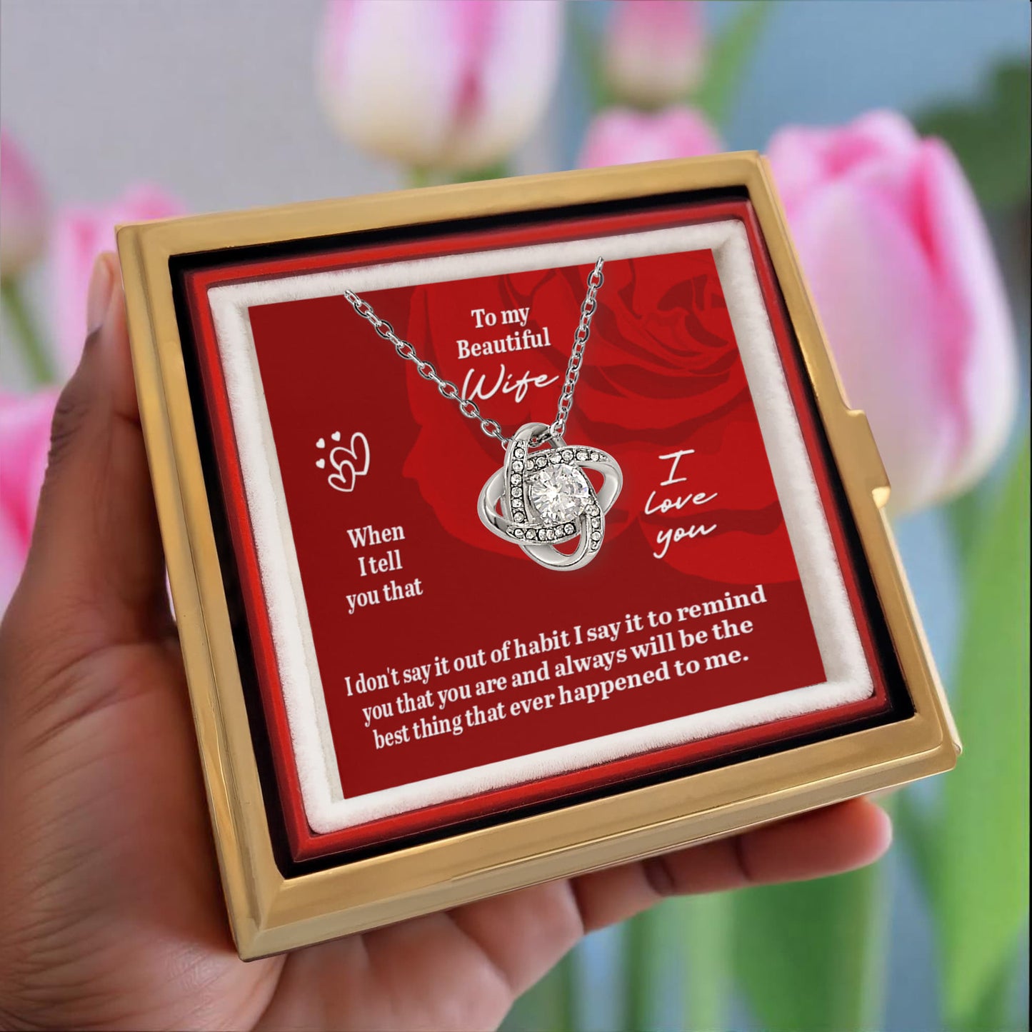 Beautiful Wife Love Knot Necklace With Eternal Rose Luxury Gift Box