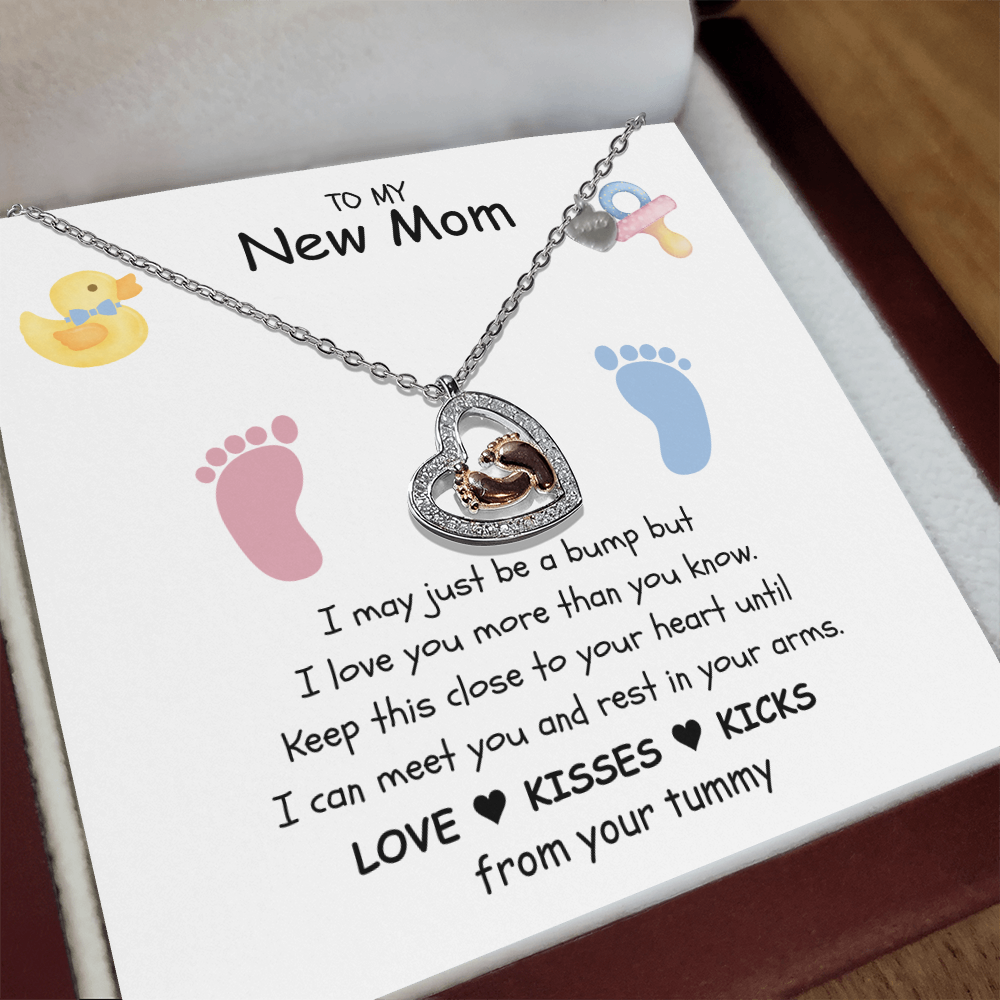 "New Mom" | Love, Kisses & Kicks| Baby Feet Heart-shaped Necklace Gift for Pregnant Mothers