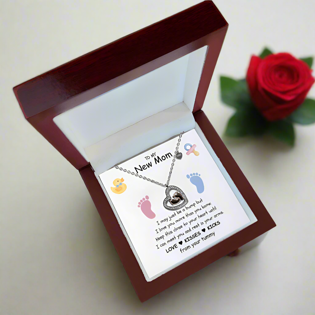 "New Mom" | Love, Kisses & Kicks| Baby Feet Heart-shaped Necklace Gift for Pregnant Mothers