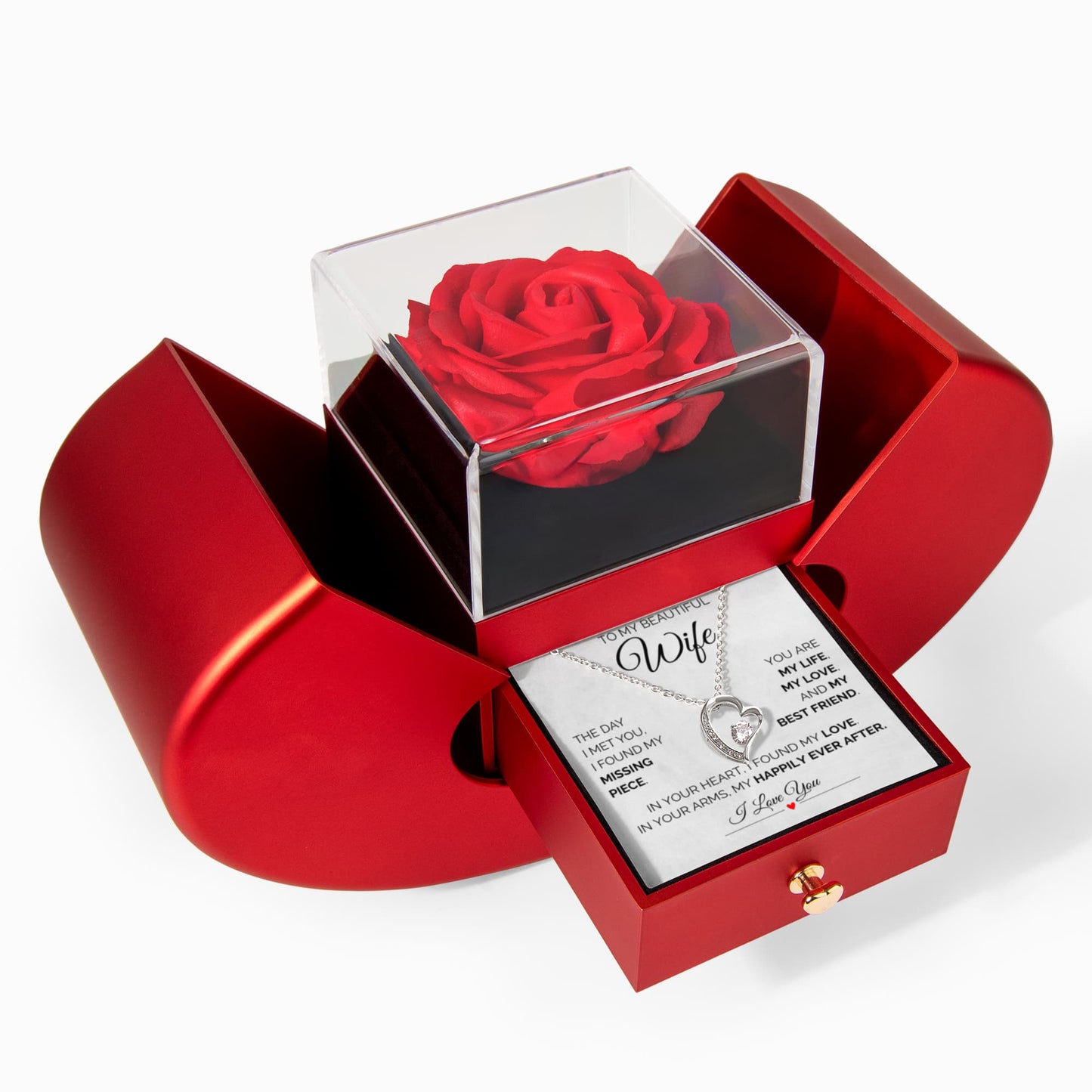 To My Beautiful Wife – Heart Necklace with Luxury Rose Box gift set