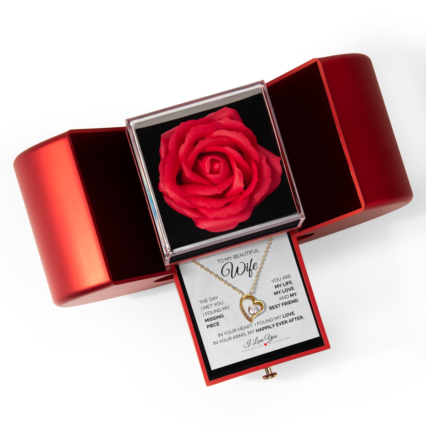 To My Beautiful Wife – Heart Necklace with Luxury Rose Box gift set