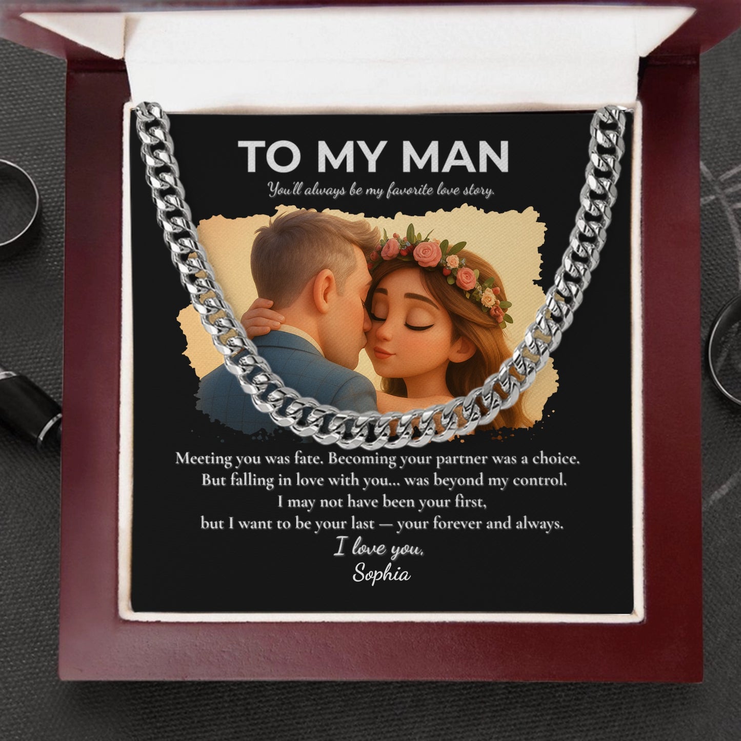 Custom Cartoon Couple Necklace Gift – To My Man Cuban Link Chain with Message Card in Luxury Box