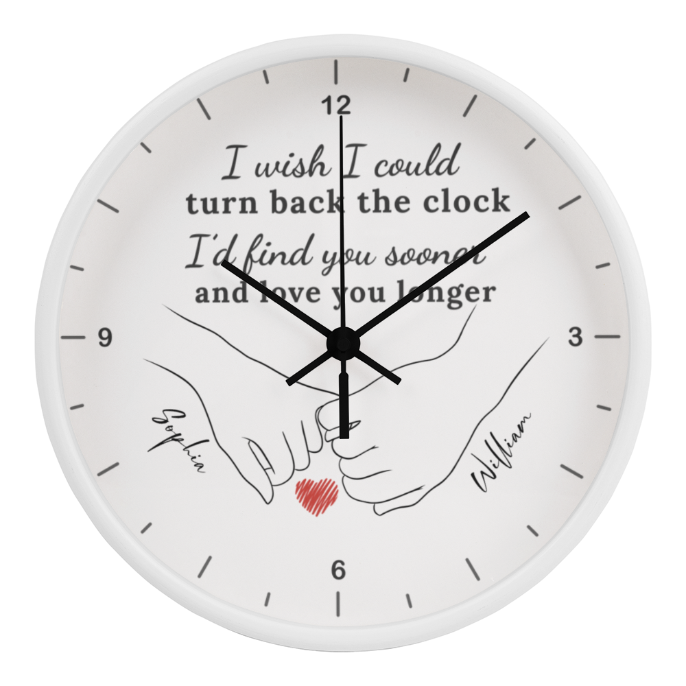“Turn Back the Clock” Personalized Couple Wall Clock – Custom Names & Hand Illustration | Romantic Gift for Anniversary, Valentine’s Day, or Wedding