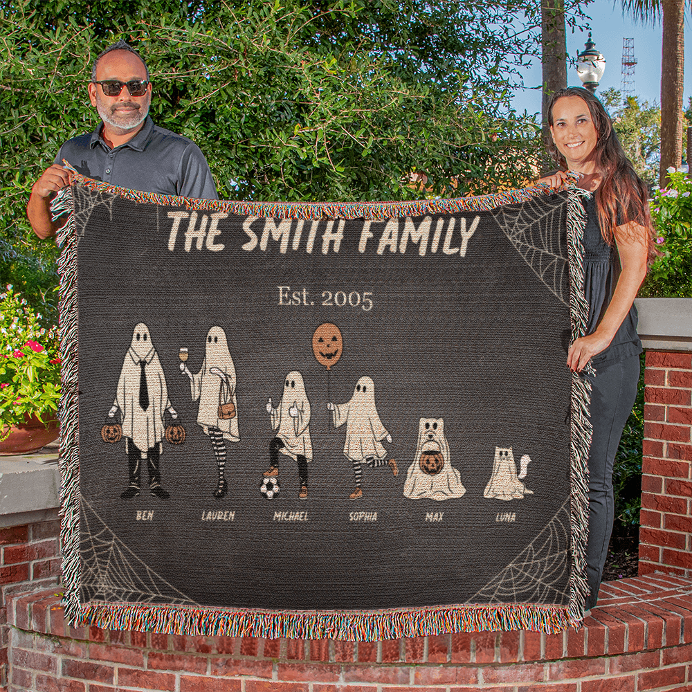 Personalized Halloween Ghost Family Blanket β Up to 10 Total Characters Including Pets