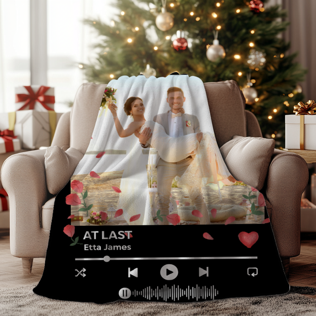 Personalized Music and Photo Fleece Blanket – 50×60  Custom Blanket with Photo for Couples Lover, Custom Blanket Using Photos of Family, Friends, Dog, Cat Or Pet, Christmas, Birthday Valentines Gifts