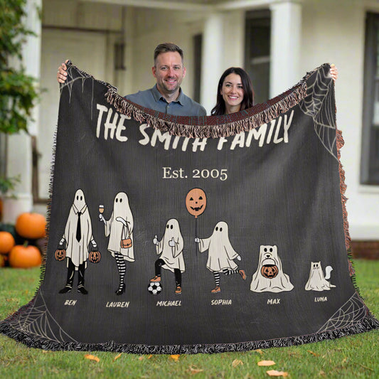 Personalized Halloween Ghost Family Blanket – Up to 10 Total Characters Including Pets