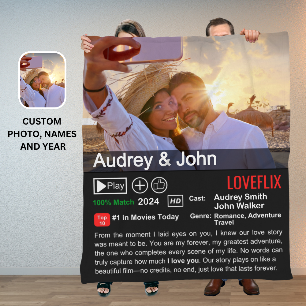Couple's Custom "Loveflix" Photo Movie Poster Fleece Blanket – 50×60