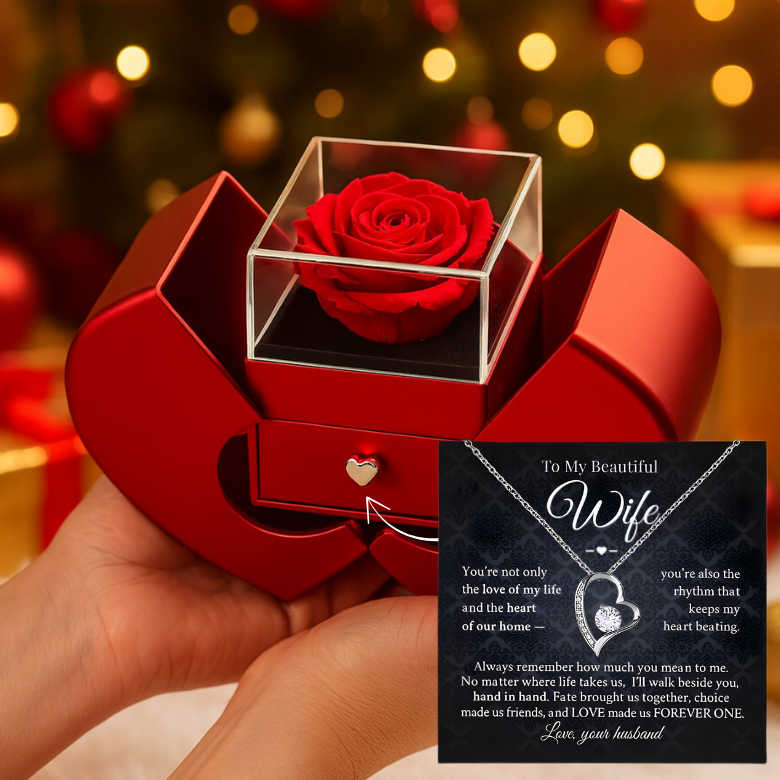 Forever Love Necklace with Red Heart Rose Gift Box — “To My Beautiful Wife” Message Card