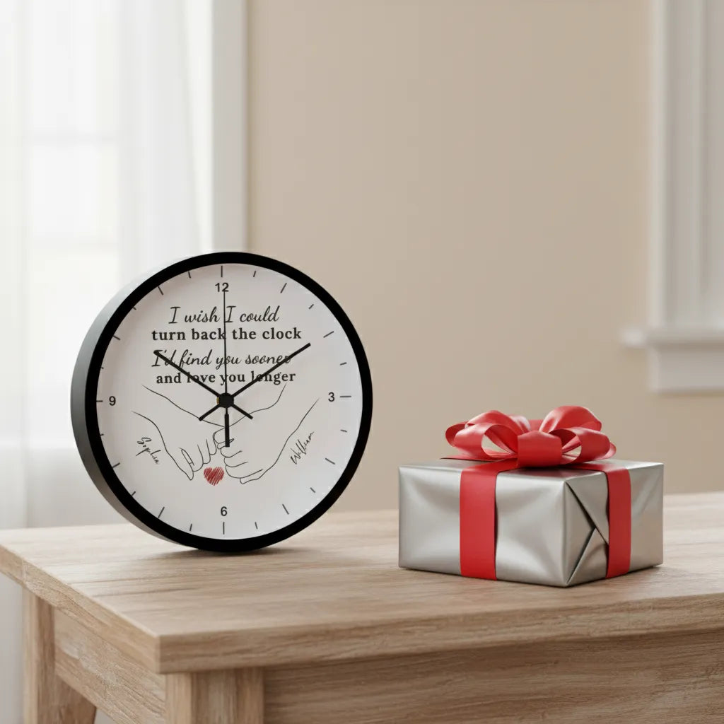 “Turn Back the Clock” Personalized Couple Wall Clock – Custom Names & Hand Illustration | Romantic Gift for Anniversary, Valentine’s Day, or Wedding