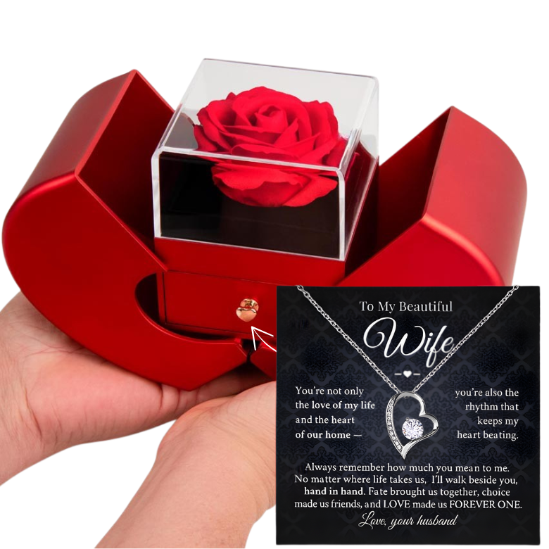 Forever Love Necklace with Red Heart Rose Gift Box — “To My Beautiful Wife” Message Card