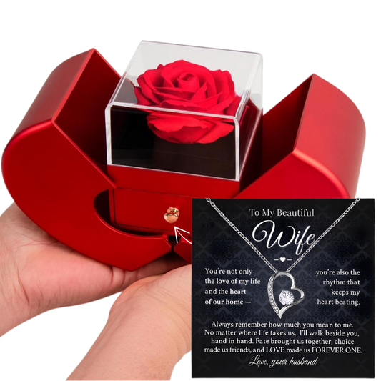 Forever Love Necklace with Red Heart Rose Gift Box — “To My Beautiful Wife” Message Card
