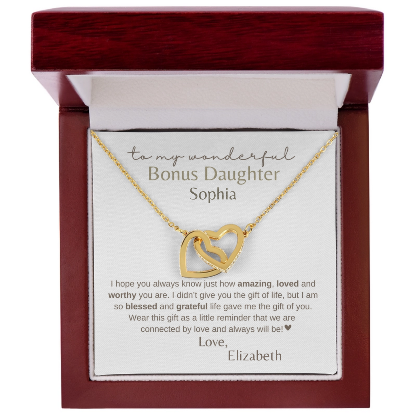 Bonus Daughter- Daughter of My Heart Personalized Interlocking Hearts Necklace Gift- FREE SHIPPING
