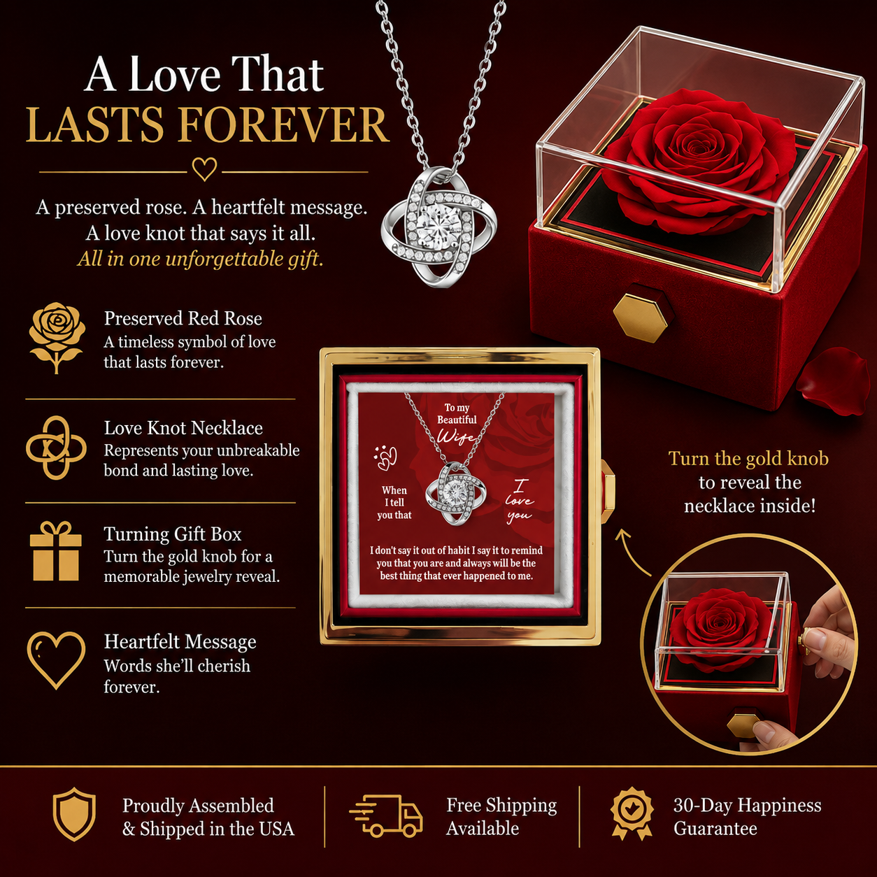 Beautiful Wife Love Knot Necklace With Eternal Rose Luxury Gift Box