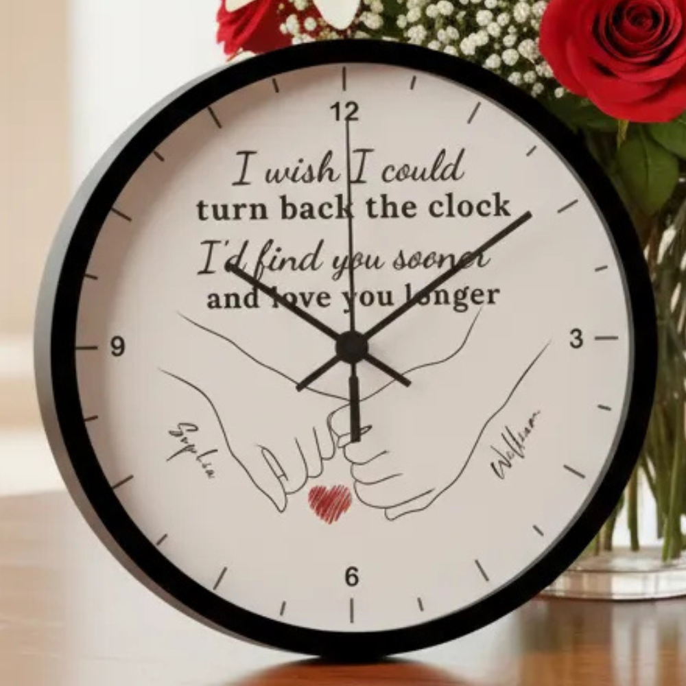 “Turn Back the Clock” Personalized Couple Wall Clock – Custom Names & Hand Illustration | Romantic Gift for Anniversary, Valentine’s Day, or Wedding