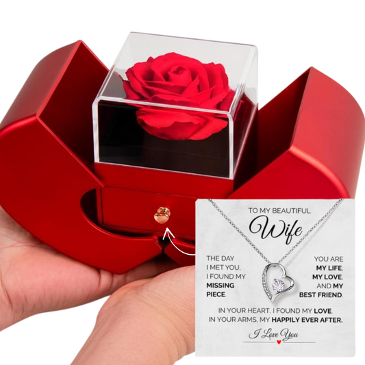 To My Beautiful Wife – Heart Necklace with Luxury Rose Box gift set