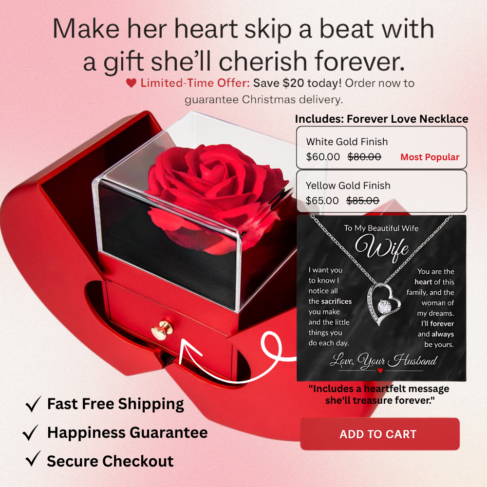 Romantic Heart Necklace for Wife – Anniversary, Birthday, or Christmas Gift with Rose Box